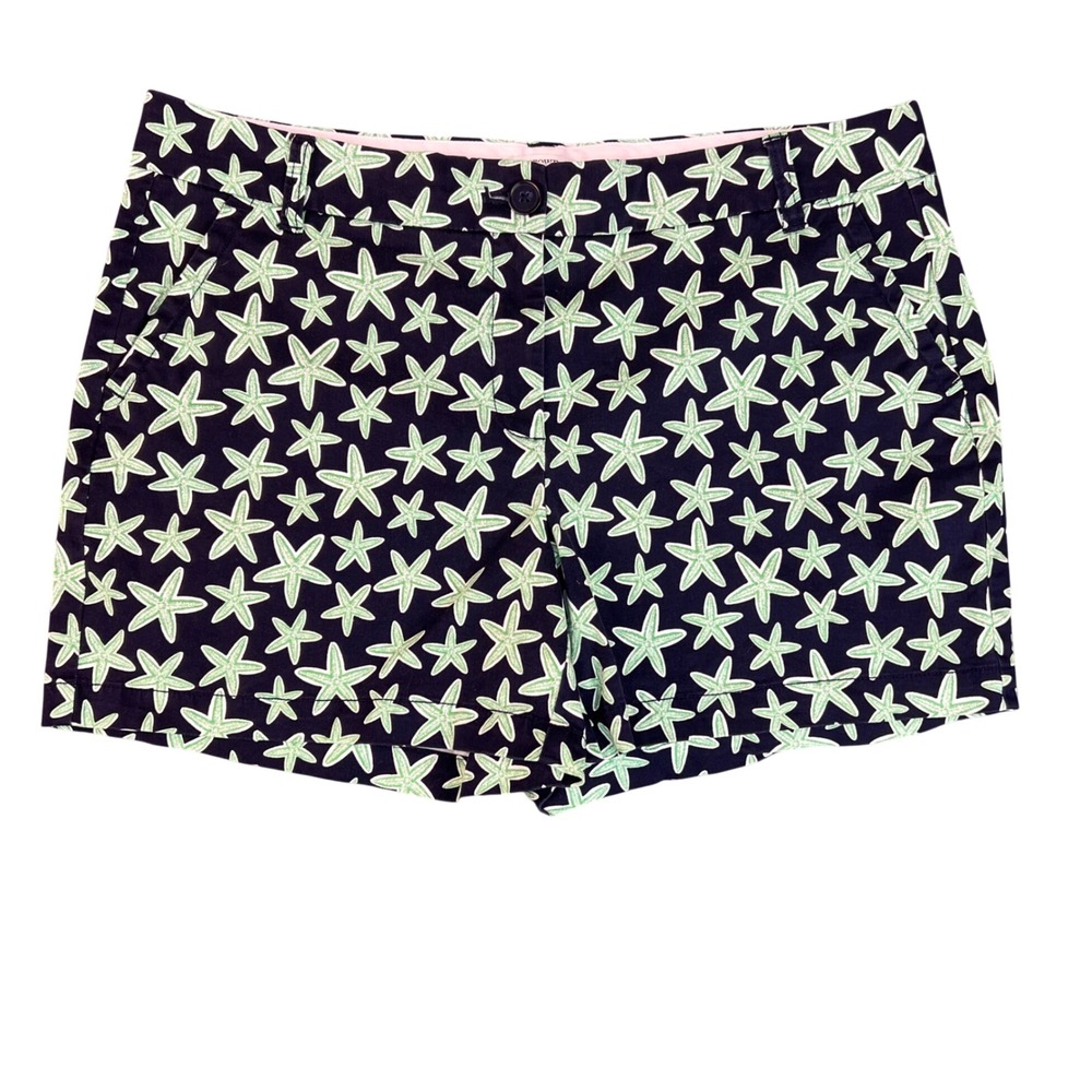 Crown & Ivy Women's Navy Blue Green Starfish Print Chino Shorts Size 12 Coastal